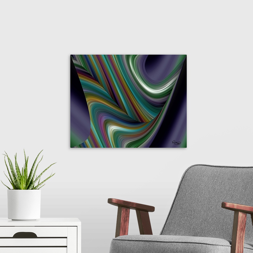 A modern room featuring Abstract art with arching colorful, thin lines coming together to create smooth movement.
