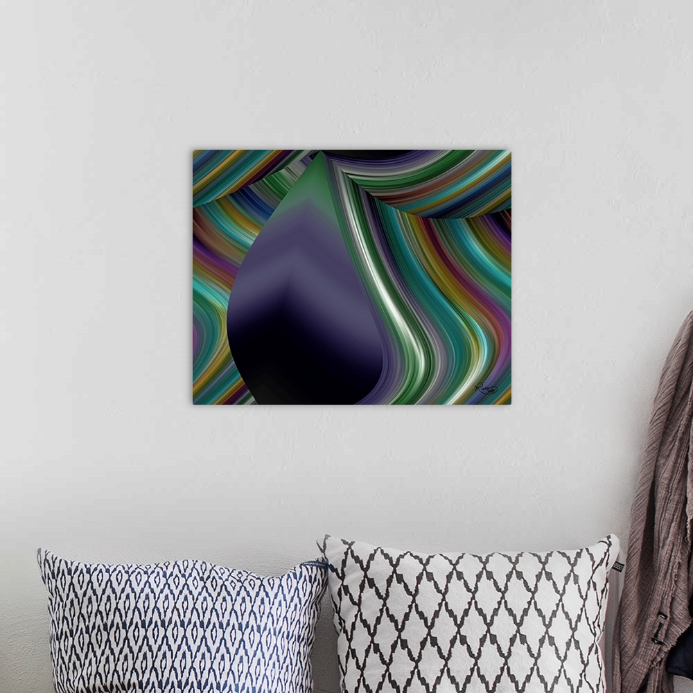 A bohemian room featuring Abstract art with a dark teardrop shape and colorful curved lines creating angles and a 3D look.