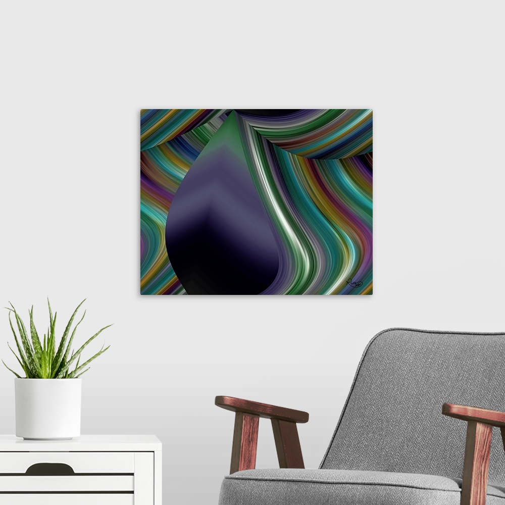 A modern room featuring Abstract art with a dark teardrop shape and colorful curved lines creating angles and a 3D look.