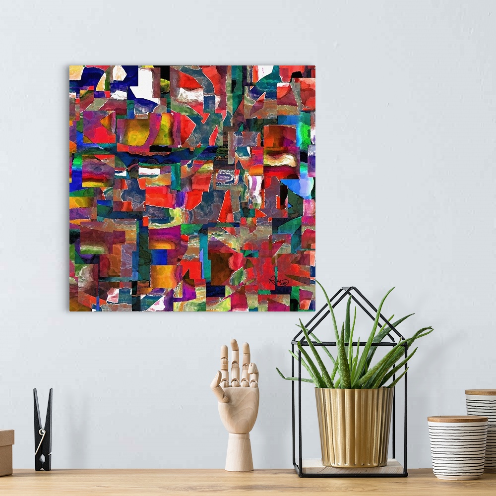 A bohemian room featuring Square abstract art made out of  straight-edged sections of color collaged together creating laye...