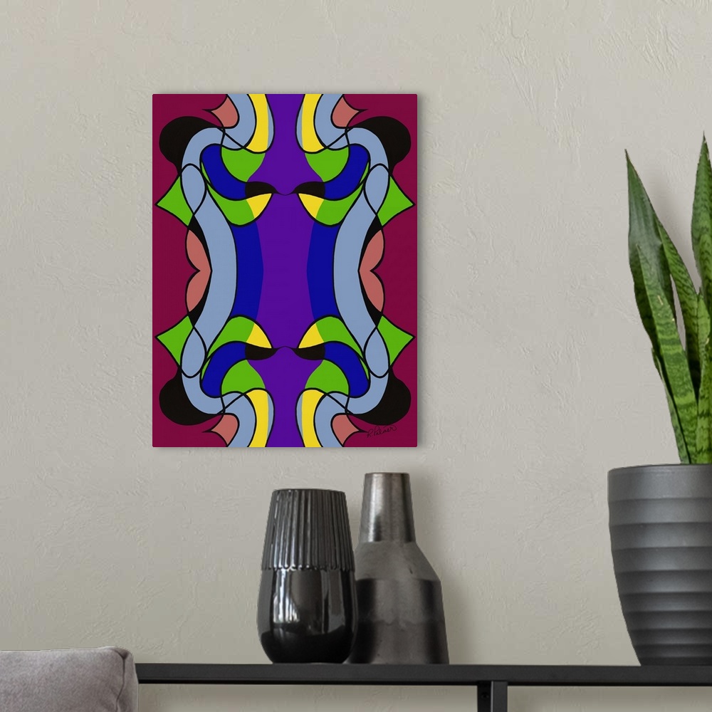 A modern room featuring A modern design of curved shapes in deep, jewel-toned colors of green, purple, red and yellow.