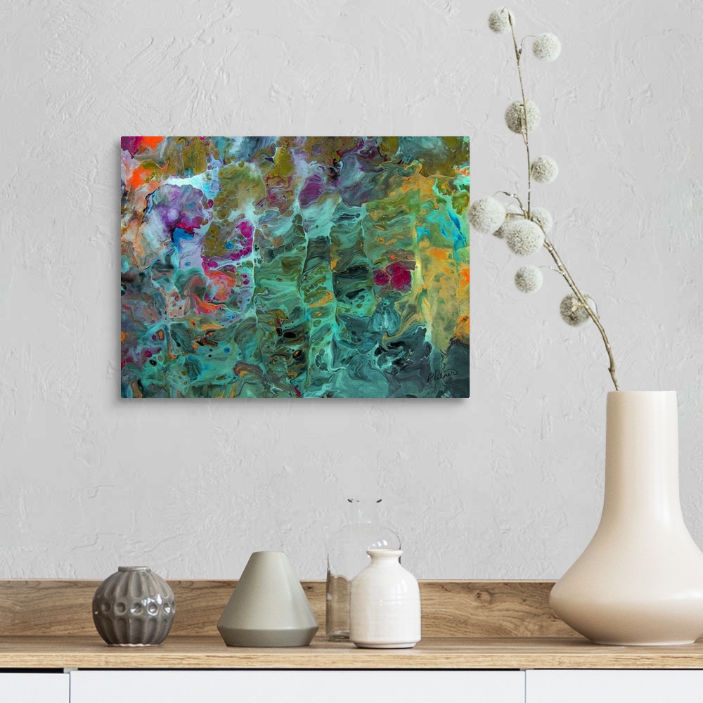 A farmhouse room featuring Contemporary abstract painting using sea green tone surrounded by shades of purple red and yellow...