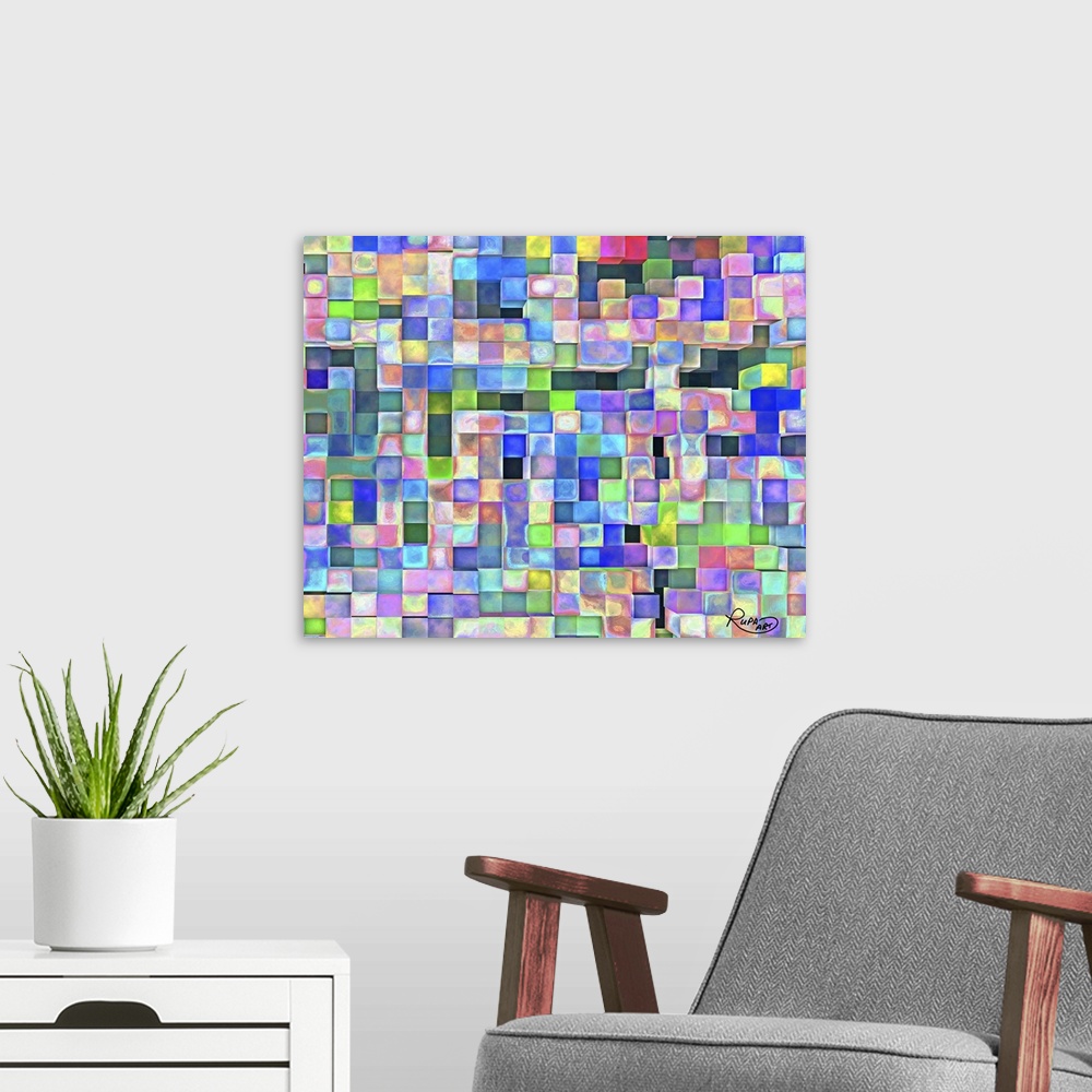 A modern room featuring Square abstract art that is made up of squares filled with color creating a tile pattern