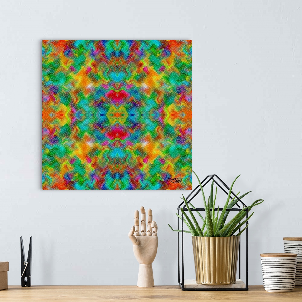 A bohemian room featuring Digital contemporary art of a kaleidoscopic pattern of neon rainbow colors.