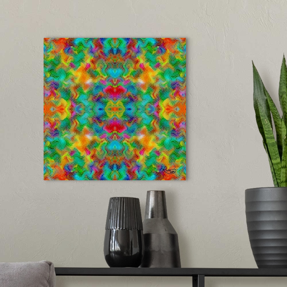 A modern room featuring Digital contemporary art of a kaleidoscopic pattern of neon rainbow colors.