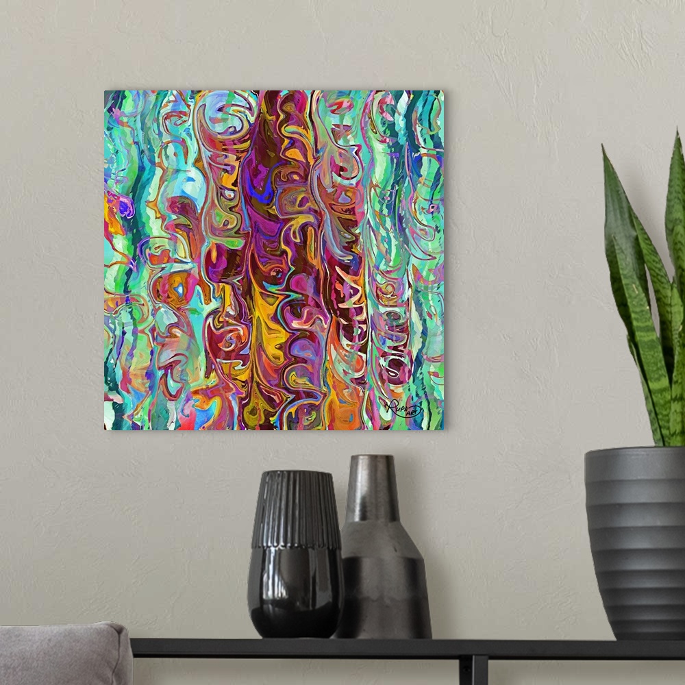 A modern room featuring Square abstract art with vertical wave-like patterns of bright colors meshed together.