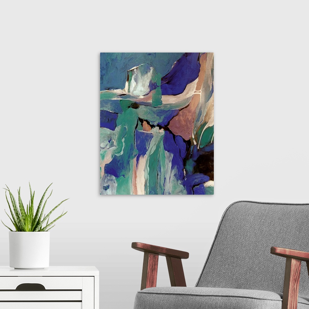 A modern room featuring Contemporary abstract painting using muted blue and green tones with neutral earthy tones.