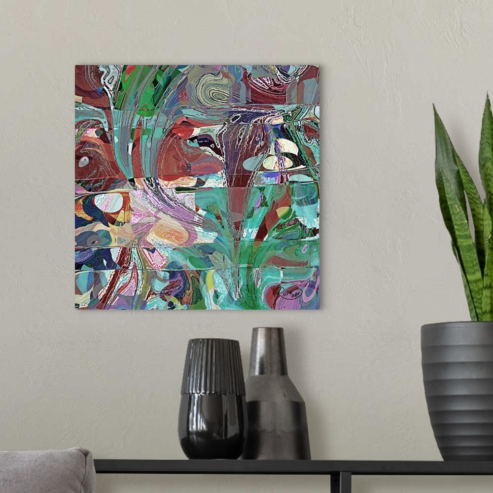 A modern room featuring Square abstract art with a busy design filled with faded hues.