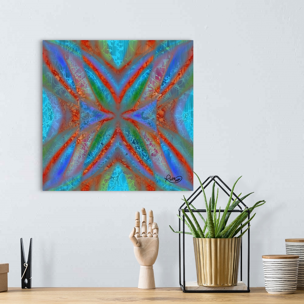 A bohemian room featuring Digital contemporary art of a kaleidoscopic pattern of neon red, blue, and orange colors.