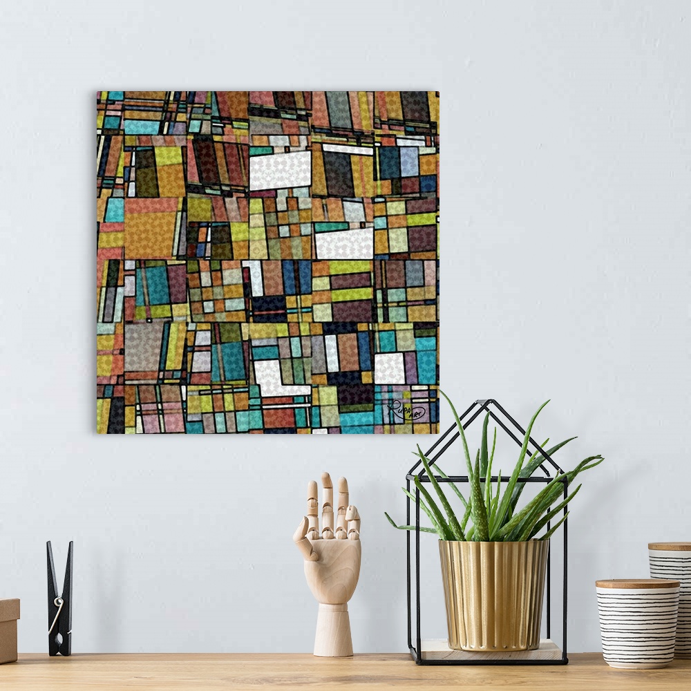 A bohemian room featuring Square geometric abstract art with different colored shapes made out of other shapes and layered ...