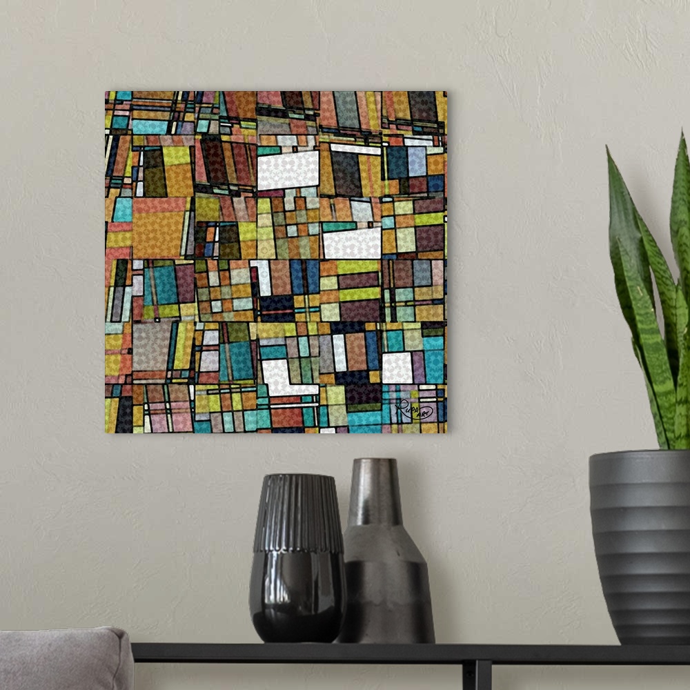 A modern room featuring Square geometric abstract art with different colored shapes made out of other shapes and layered ...