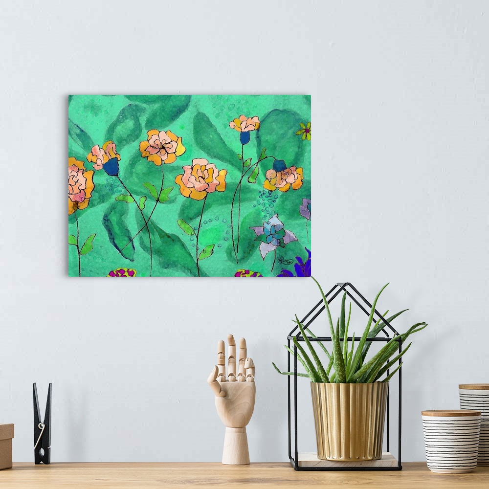 A bohemian room featuring Contemporary abstract art that has pink and orange flowers on green background that has a large, ...