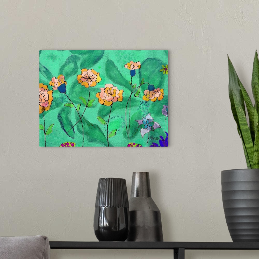 A modern room featuring Contemporary abstract art that has pink and orange flowers on green background that has a large, ...