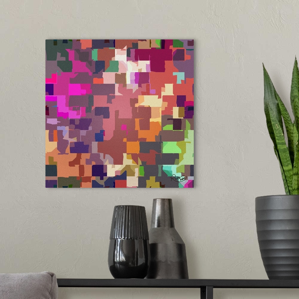 A modern room featuring Square abstract piece with a grid of colorful inorganic shapes on a bumpy textured background.