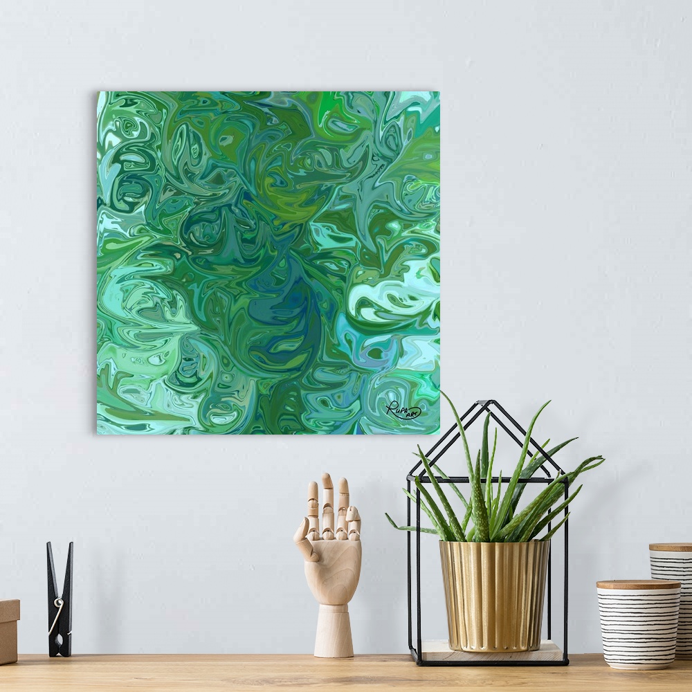 A bohemian room featuring Square abstract art with shades of blue and green swirls combined together resembling an ocean ri...