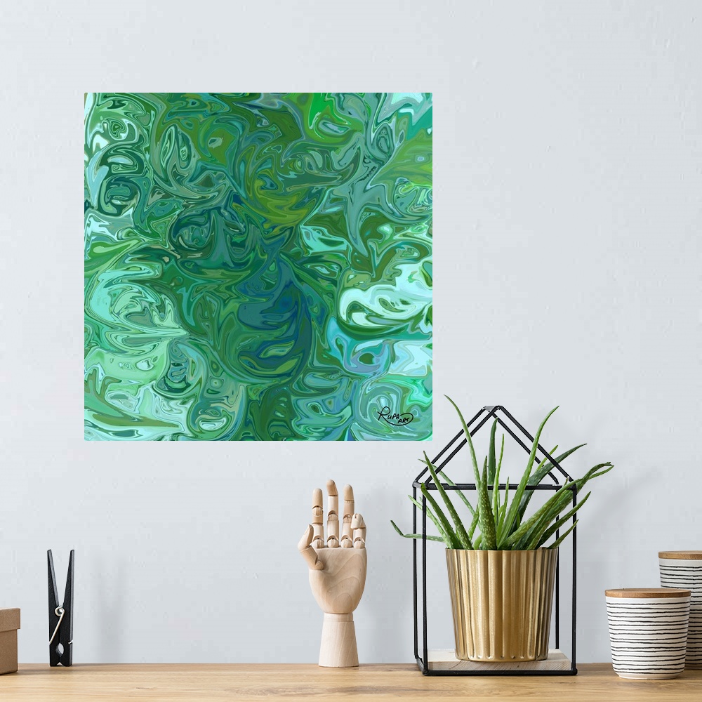A bohemian room featuring Square abstract art with shades of blue and green swirls combined together resembling an ocean ri...