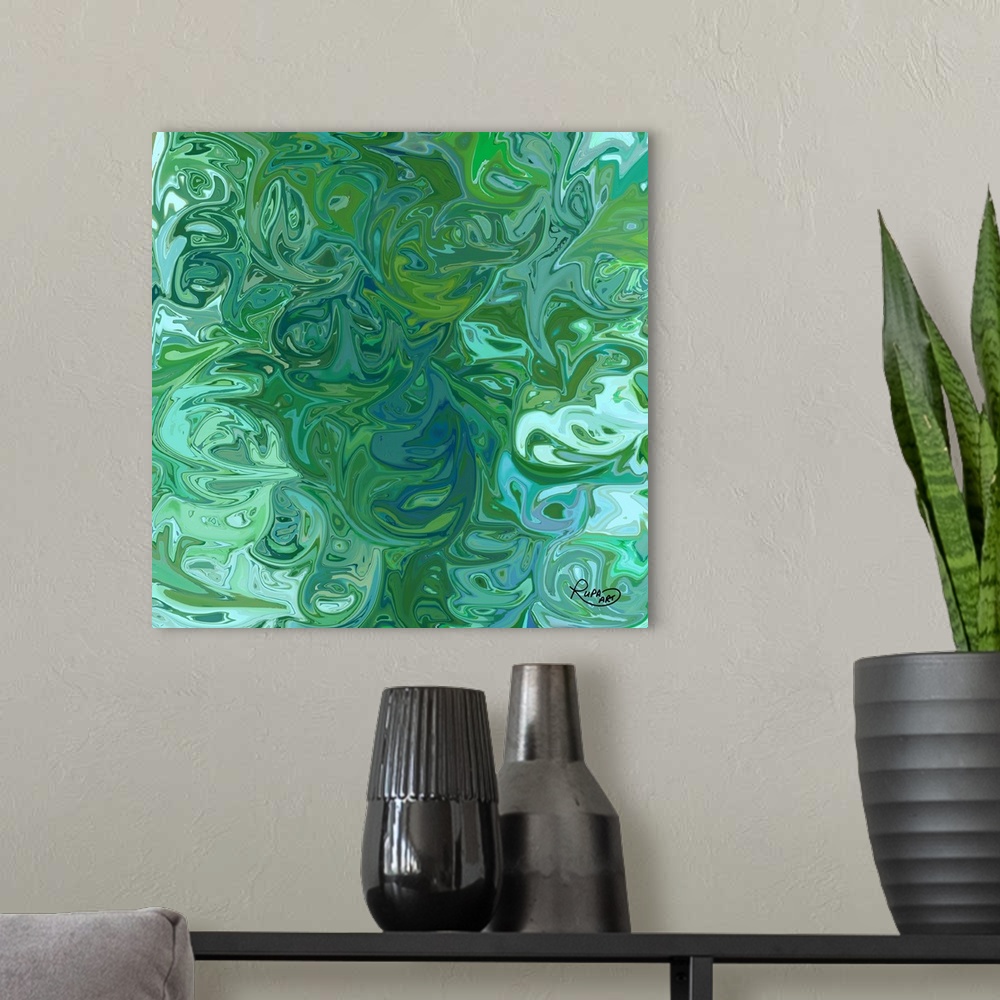 A modern room featuring Square abstract art with shades of blue and green swirls combined together resembling an ocean ri...