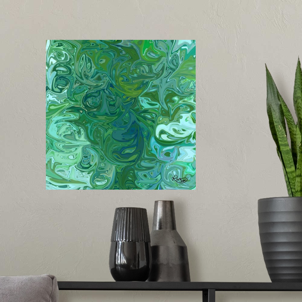 A modern room featuring Square abstract art with shades of blue and green swirls combined together resembling an ocean ri...