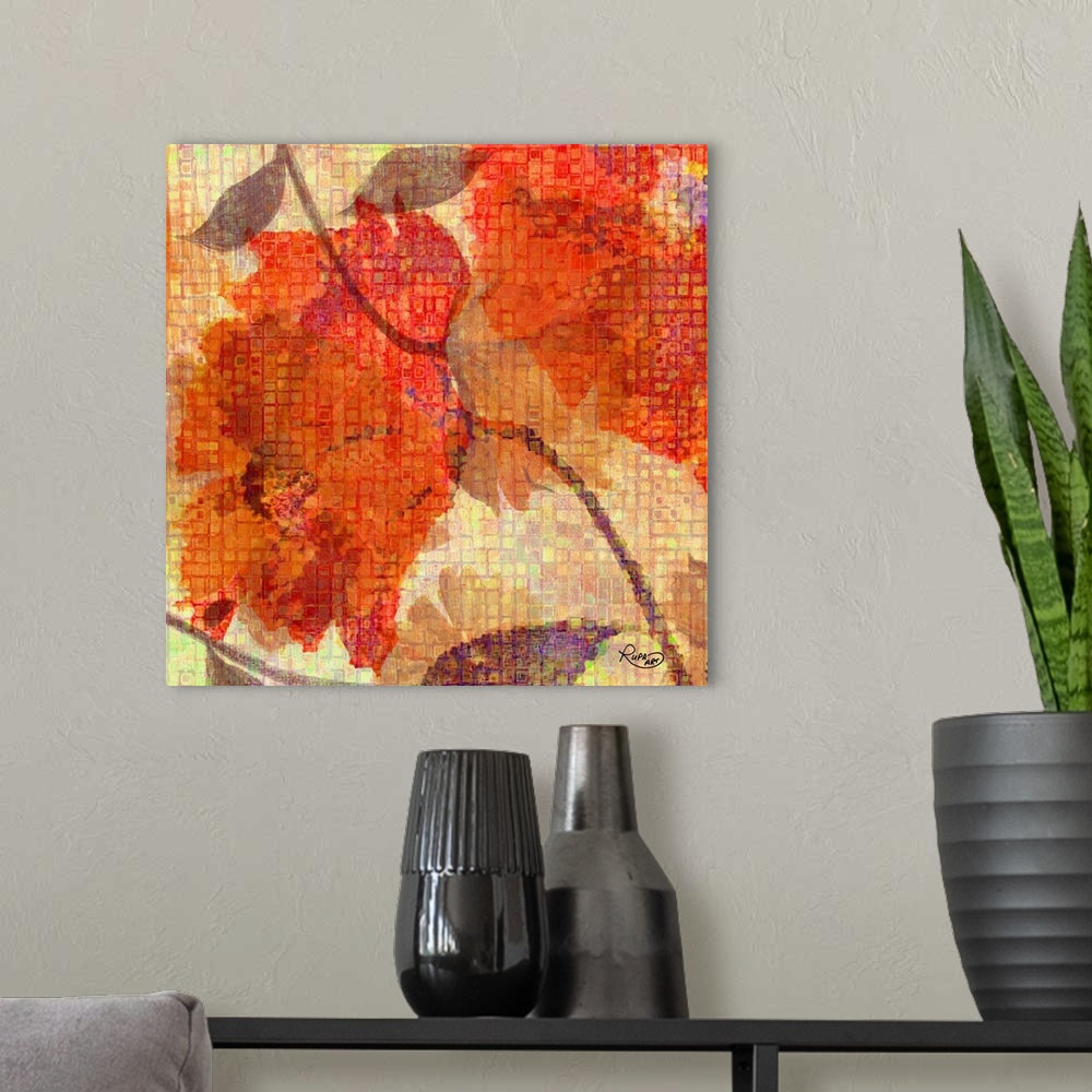 A modern room featuring Digital artwork of orange flowers with brown leaves with a mosaic tile effect.