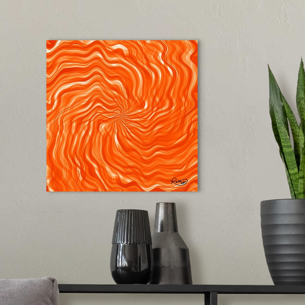 A modern room featuring Contemporary digital artwork of spiraling waves of vivid orange.