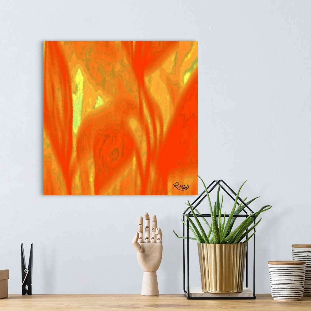 A bohemian room featuring Square abstract art with a bright orange background and large faded yellow designs.