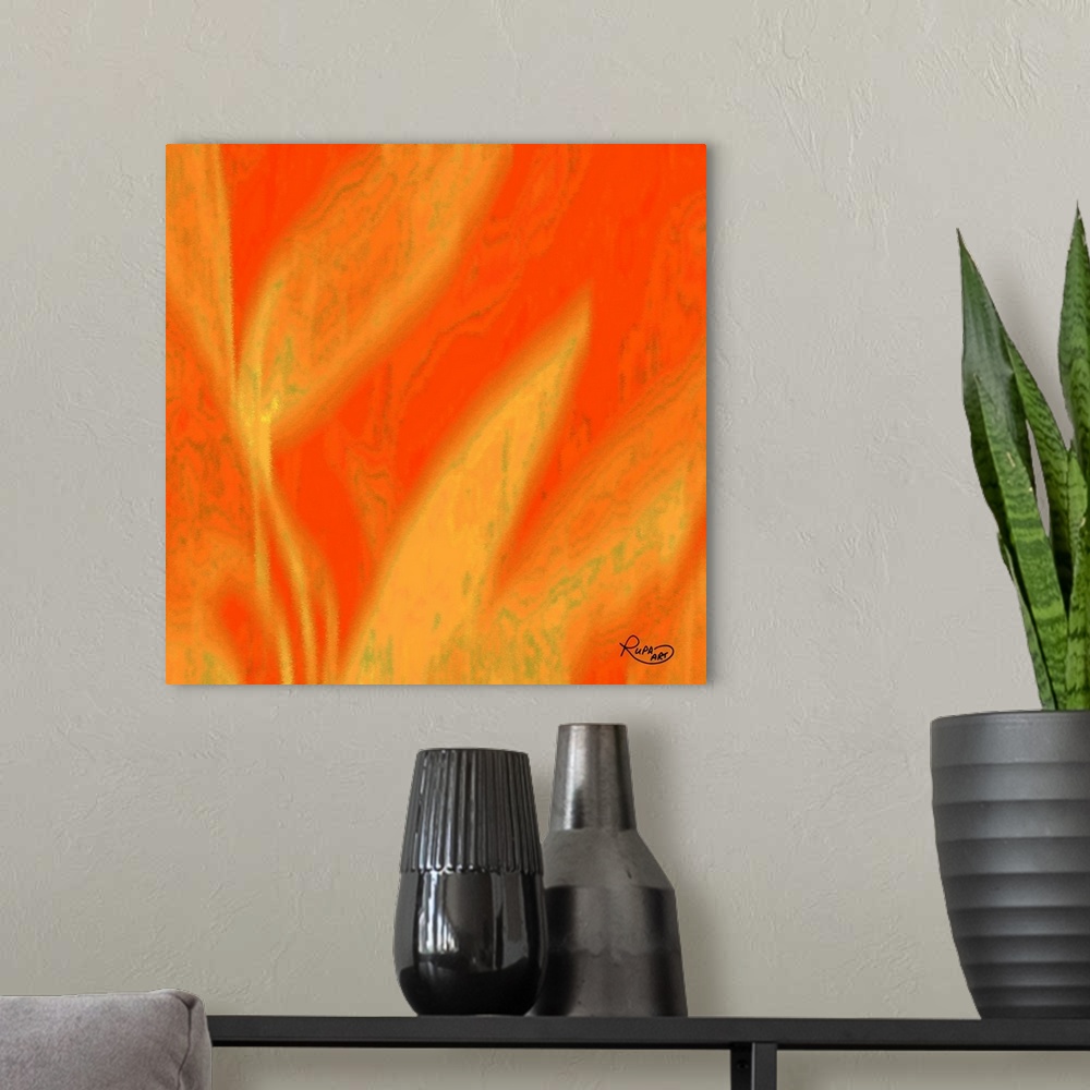 A modern room featuring Square abstract art with a bright orange background and large faded yellow designs.