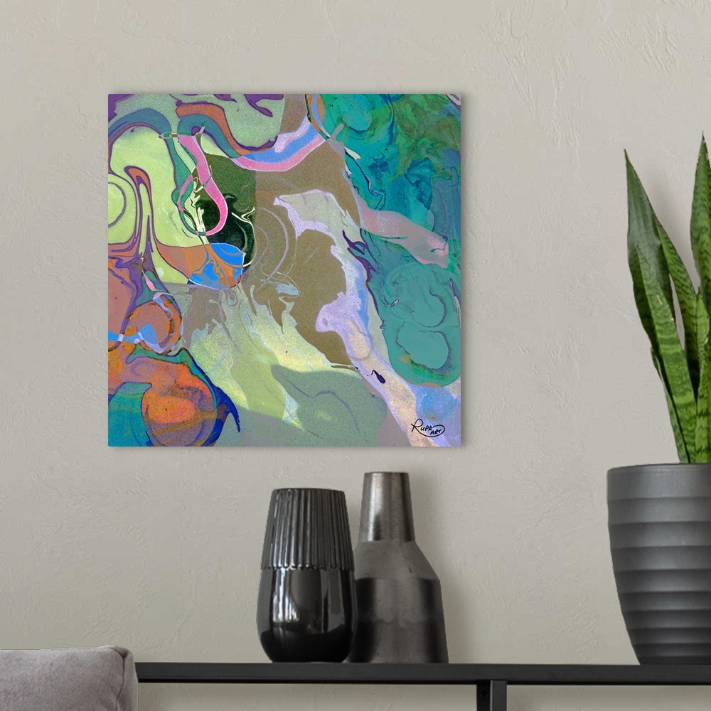 A modern room featuring Square abstract art with cool tones marbling together and made up of small, faint blotches of color.
