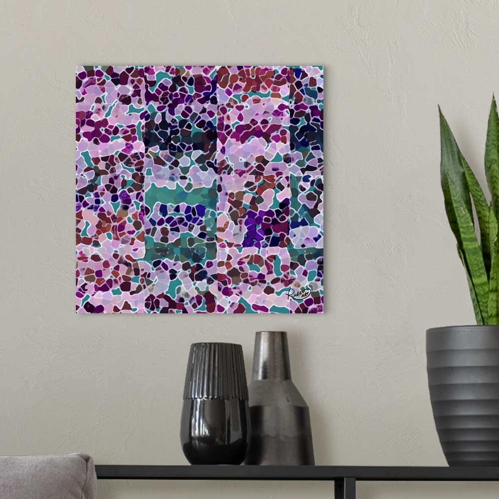 A modern room featuring Square abstract art with various shades of purple shapes combined together on a teal background m...
