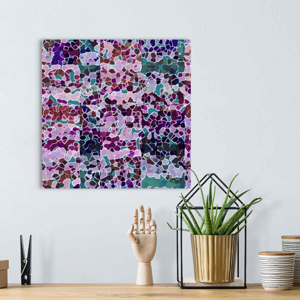 A bohemian room featuring Square abstract art with various shades of purple shapes combined together on a teal background m...