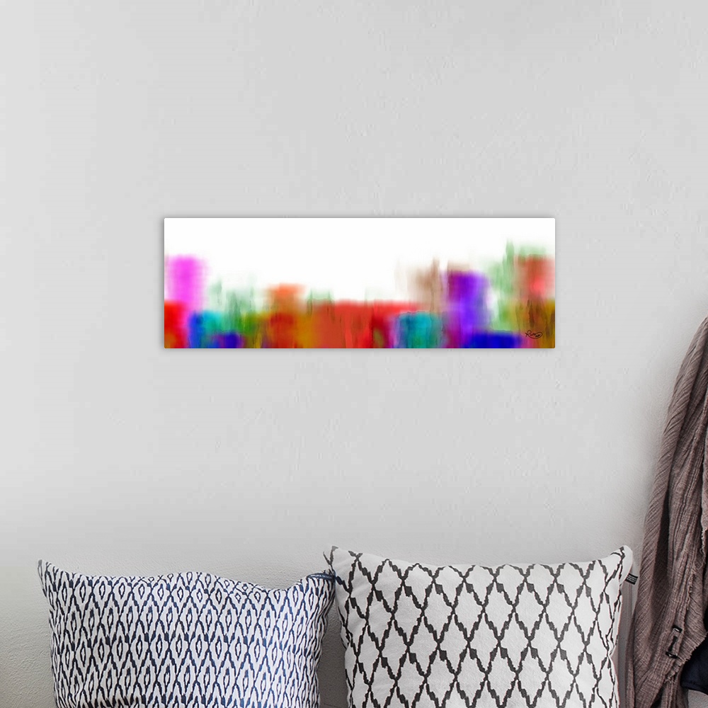 A bohemian room featuring Contemporary digital artwork of blurred color blocks in purple, red, and blue on white.