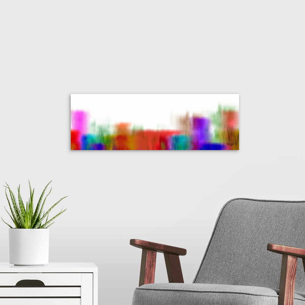 A modern room featuring Contemporary digital artwork of blurred color blocks in purple, red, and blue on white.