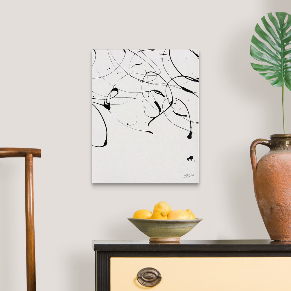 A traditional room featuring A contemporary abstract painting of black paint drizzle on a tan background.