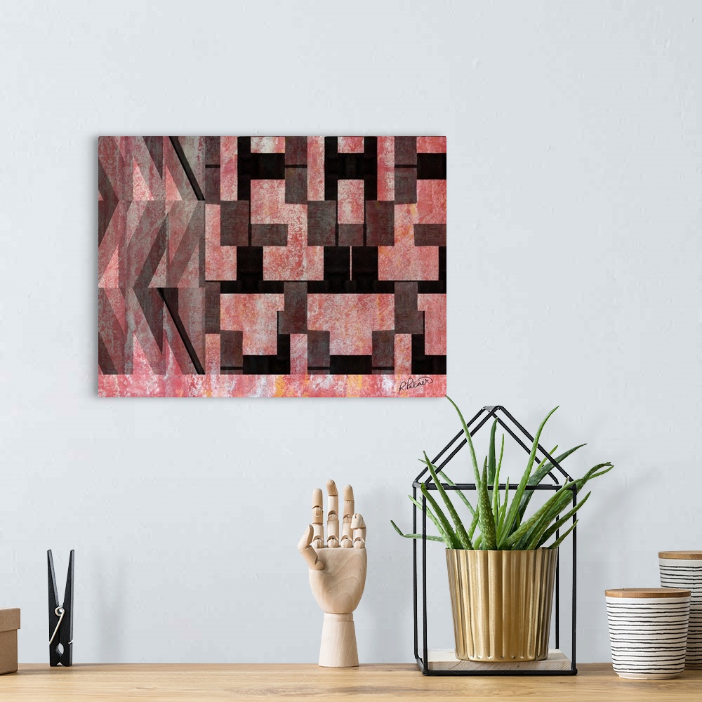 A bohemian room featuring Contemporary horizontal painting of repetitive rectangle shapes in black against a textured red b...