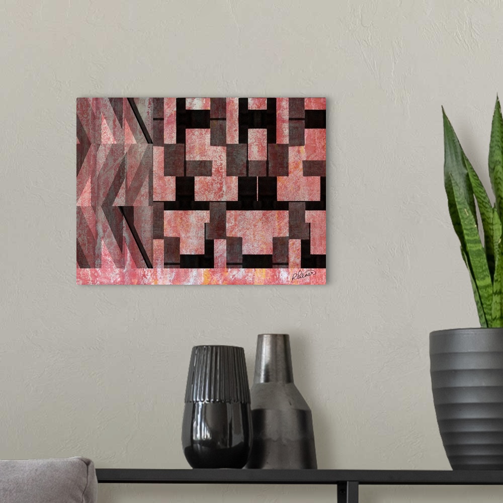 A modern room featuring Contemporary horizontal painting of repetitive rectangle shapes in black against a textured red b...