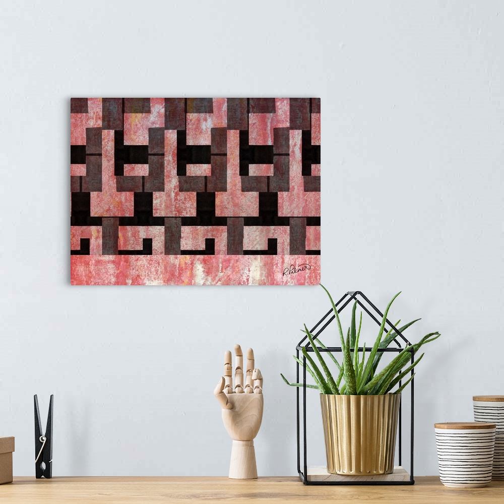 A bohemian room featuring Contemporary painting of repetitive rectangle shapes in black against a textured red background.