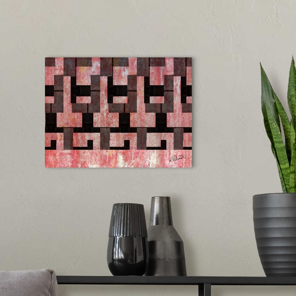 A modern room featuring Contemporary painting of repetitive rectangle shapes in black against a textured red background.