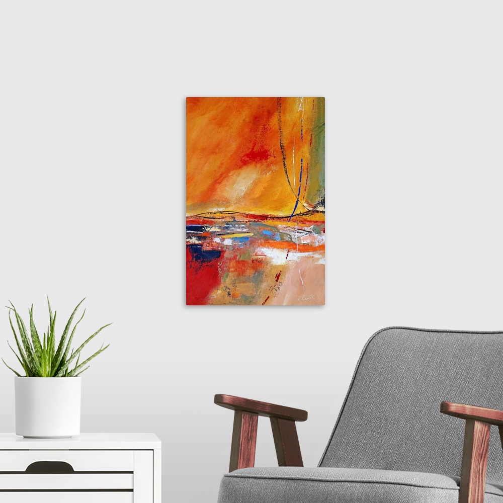A modern room featuring Contemporary abstract painting with colorful dashes of paint over a warm, textured background.
