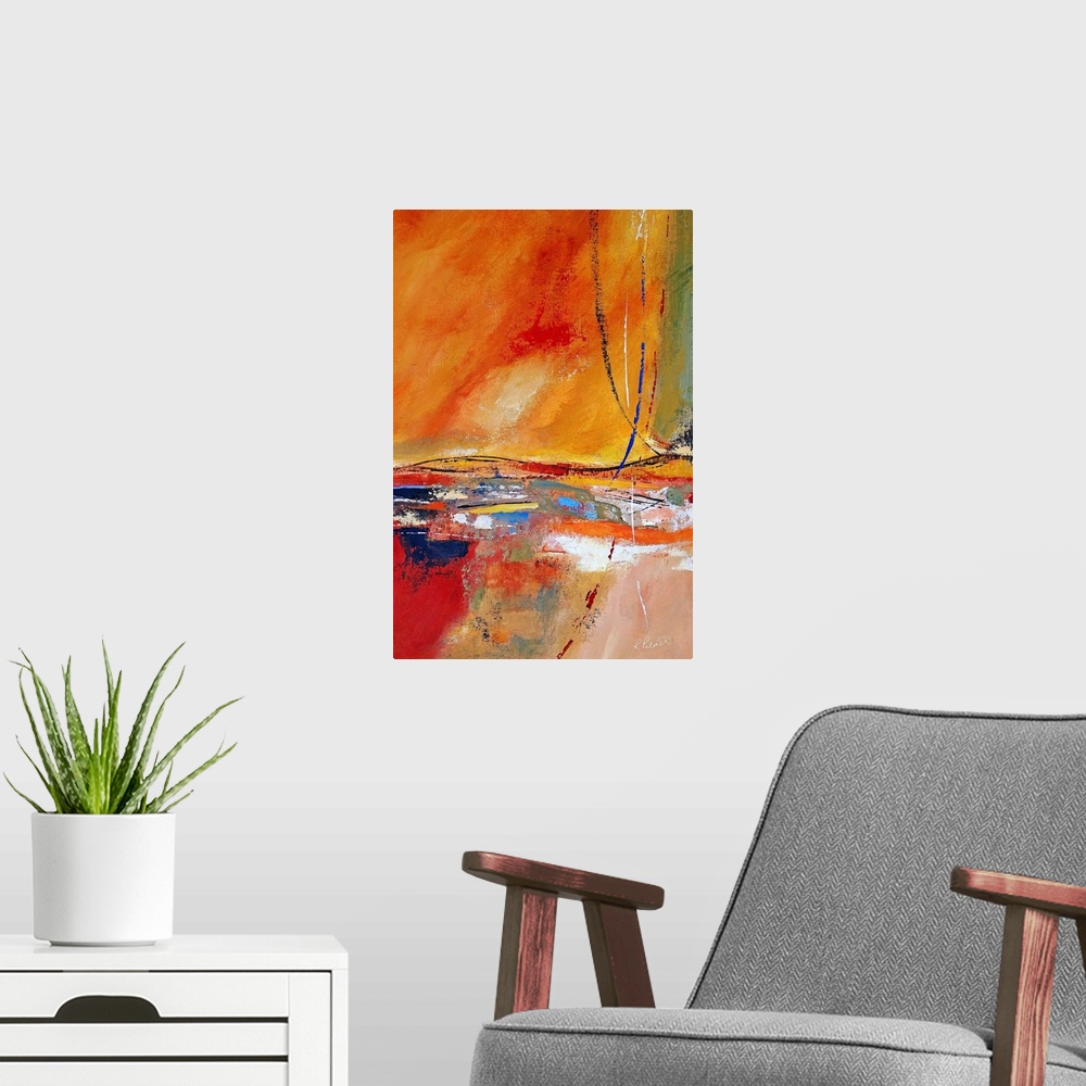 A modern room featuring Contemporary abstract painting with colorful dashes of paint over a warm, textured background.