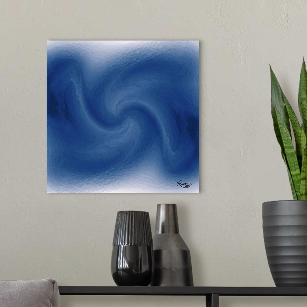A modern room featuring Contemporary digital artwork of swirling blue and white resembling ocean waves.
