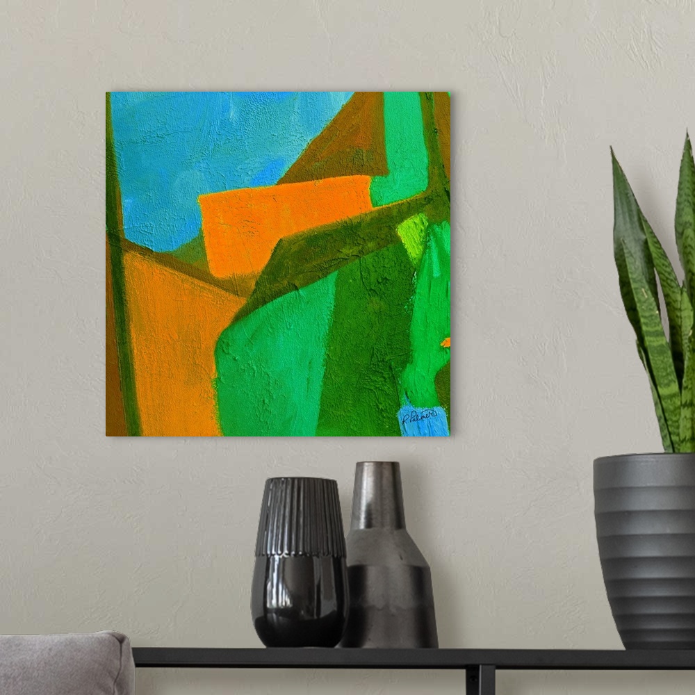A modern room featuring Bright square abstract painting with green, blue, and orange shapes fitting perfectly together wi...