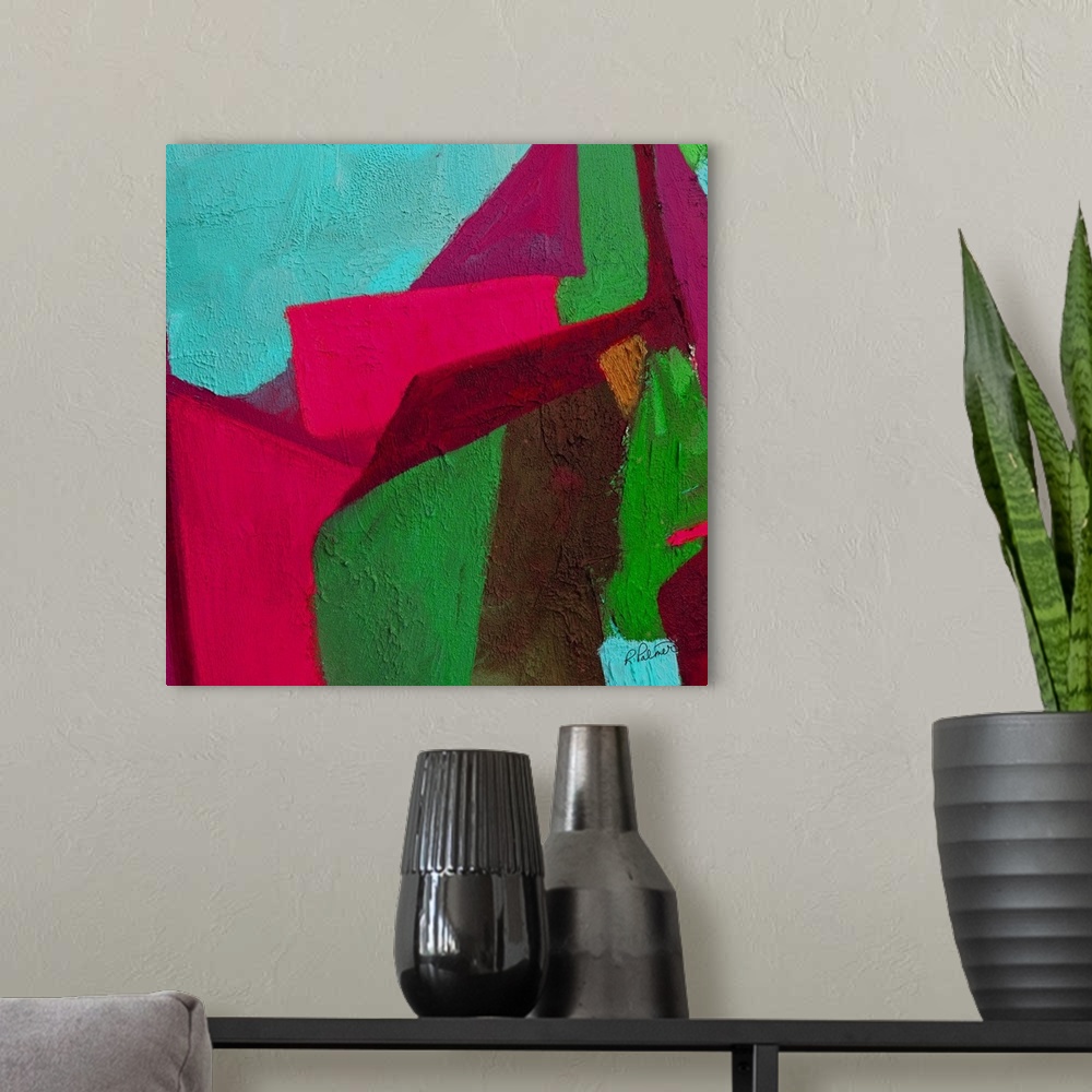 A modern room featuring Bright square abstract painting with pink, red, green, brown, and blue shapes fitting perfectly t...