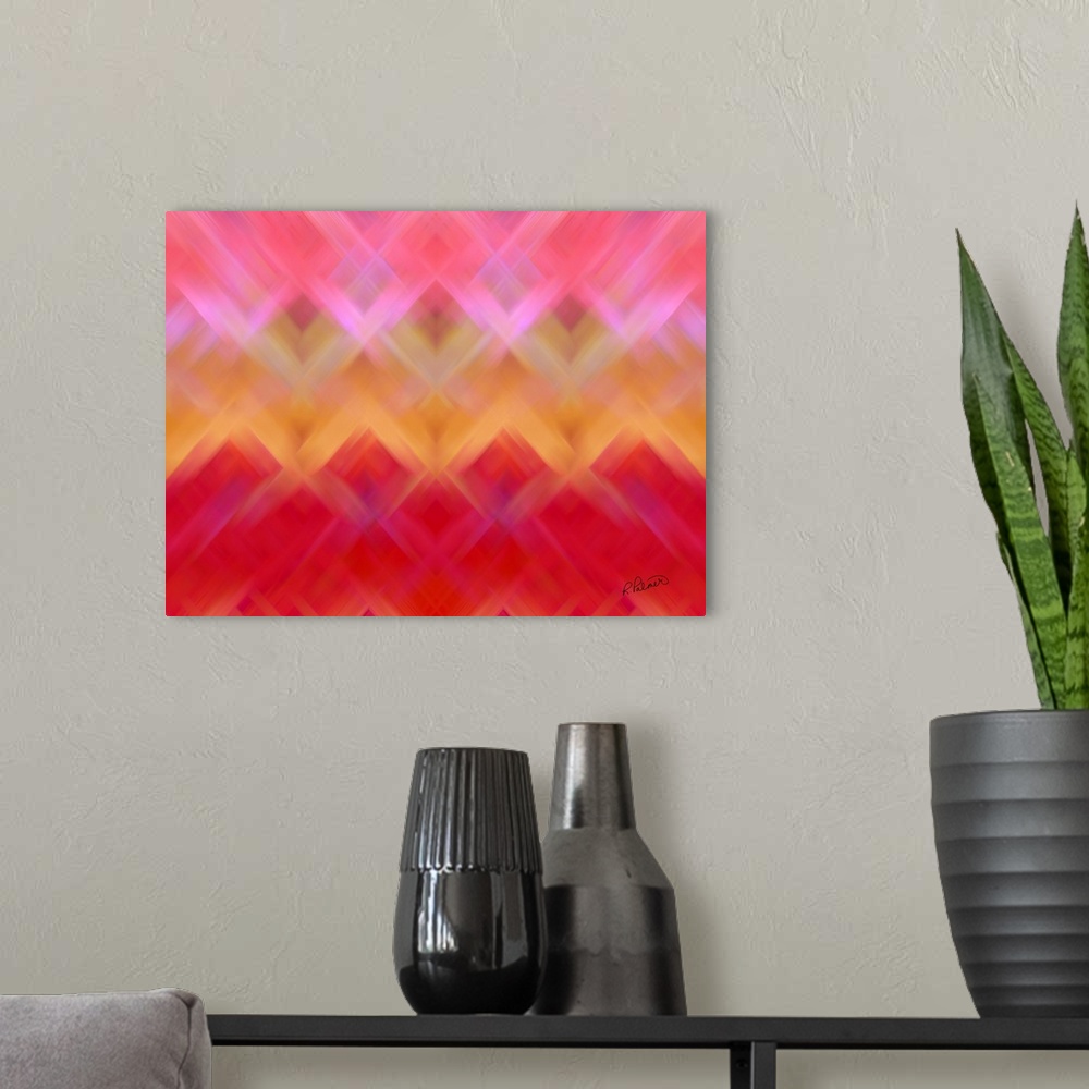 A modern room featuring Vibrant abstract artwork in a basket weave pattern that fades to different colors.