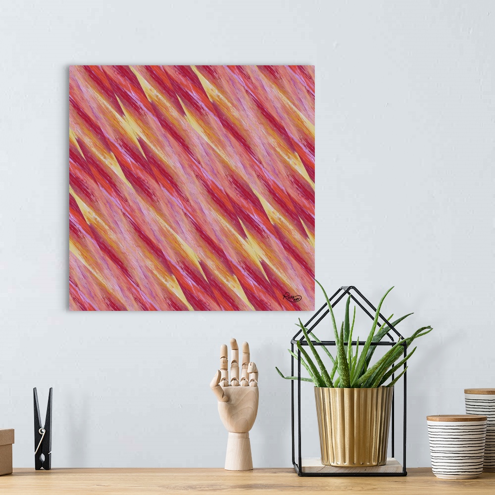 A bohemian room featuring Square abstract artwork in shades of pink and yellow in a small diagonal striped design.