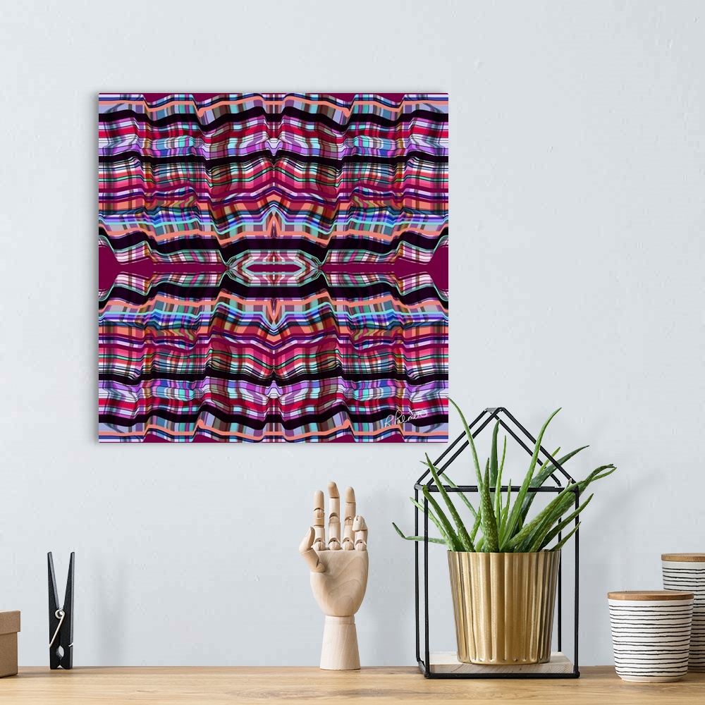 A bohemian room featuring A square image of a plaid design.