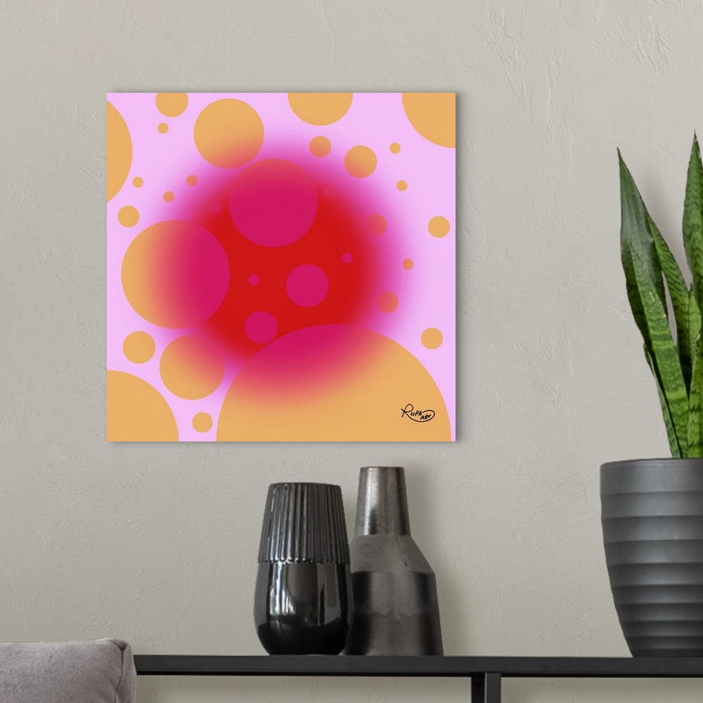 A modern room featuring Digital abstract art of a fuchsia colored circle over orange spots on a pink background.