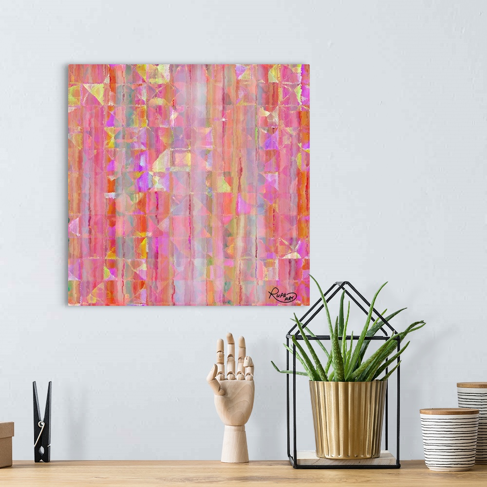 A bohemian room featuring Digital contemporary painting in almost neon shades of pink and yellow.