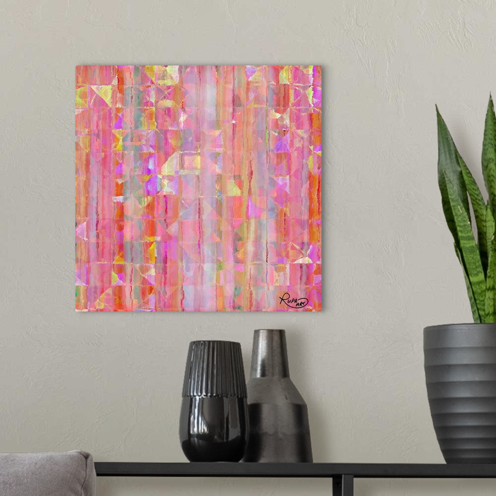 A modern room featuring Digital contemporary painting in almost neon shades of pink and yellow.