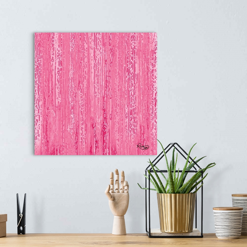 A bohemian room featuring Contemporary abstract art of cascading dots in bright pink.