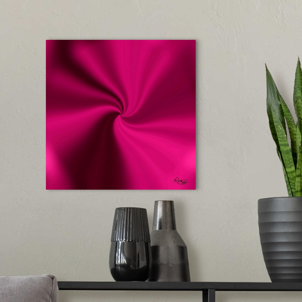 A modern room featuring Square pink twirl design coming together at a point in the center.