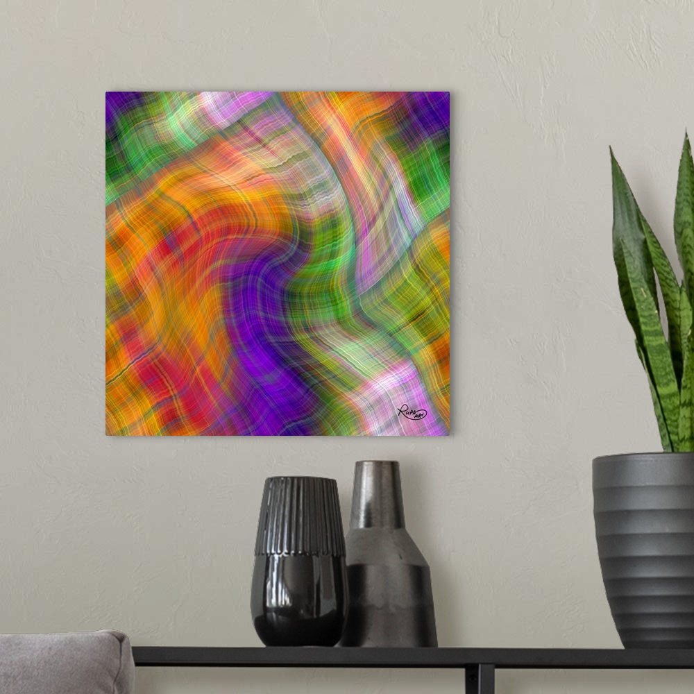 A modern room featuring Digital contemporary artwork of overlapping waves of orange, green, and purple stripes.